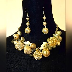 Gold Statement Chunky Cluster Necklace & Dangle Earrings Set